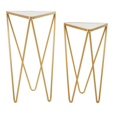 Avantis Mirrored Glass Set Of 2 Side Tables With Gold Triangle Frame