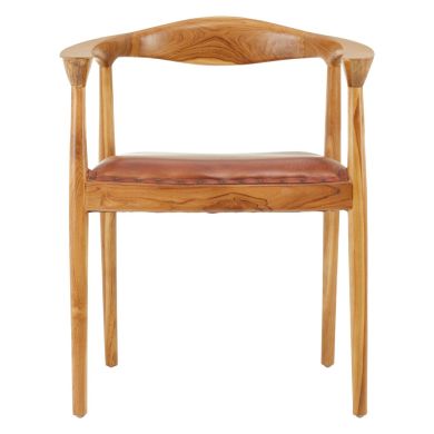 Kendari Teak Wood Chair With Brown Leather Seat In Natural
