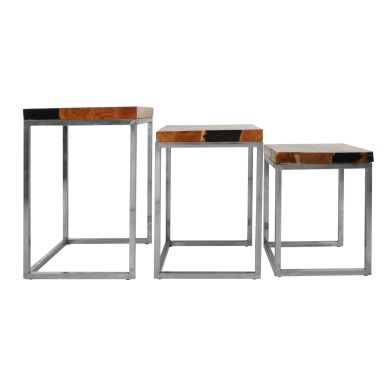 Surak Teak Wood Nest Of 3 Tables With Metal Base