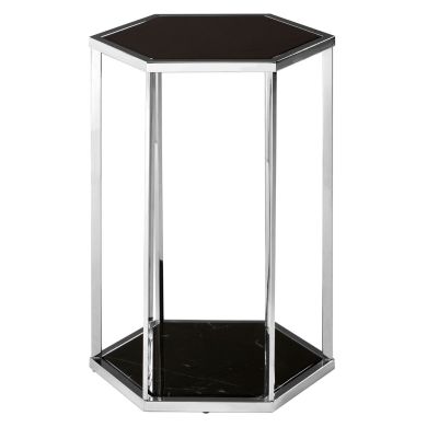 Piermount Hexagonal Black Glass End Table With Silver Base