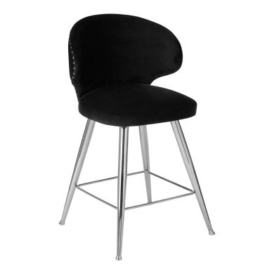 Piermount Velvet Bar Stool In Black With Stainless Steel Legs