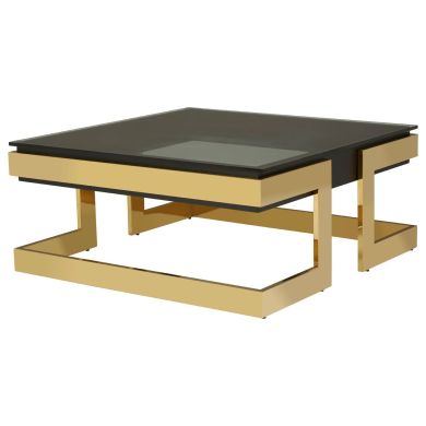 Deana Square Glass Coffee Table In Black With Gold Stainless Steel Base
