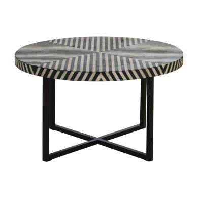 Boho Round Wooden Coffee Table In Monochromatic Effect With Cross Base