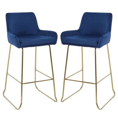 Tamzin Blue Velvet Bar Chairs With Low Arms In Pair