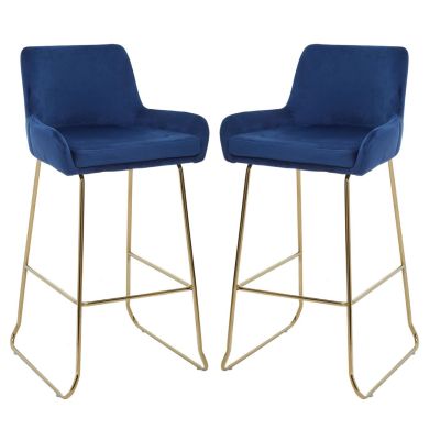 Tamzin Blue Velvet Bar Chairs With Low Arms In Pair