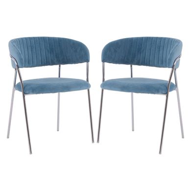 Tamzin Blue Velvet Dining Chairs With Silver Metal Legs In Pair