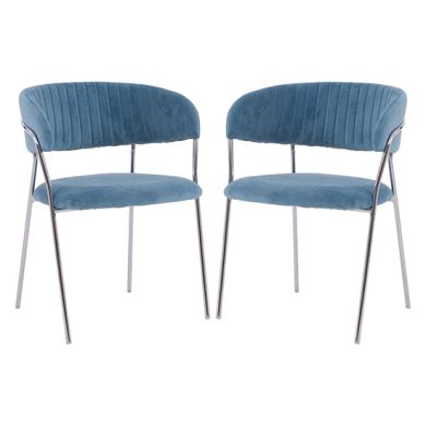 Tamzin Blue Velvet Dining Chairs With Silver Metal Legs In Pair