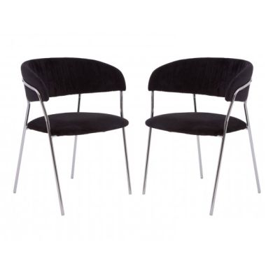 Tamzin Black Velvet Dining Chairs With Chrome Iron Legs In Pair