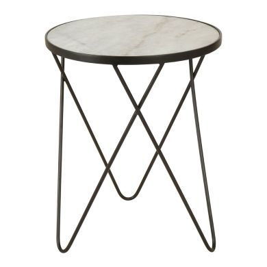 Rabia Round White Marble Top Side Table With Black Metal Legs