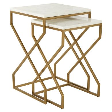 Rabia White Marble Top Set Of 2 Nesting Side Tables With Gold Base