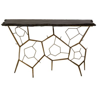 Rany Stone Top Console Table In Black Metal Frame