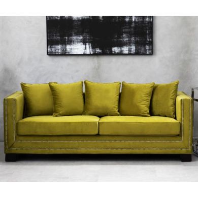 Safara Velvet 3 Seater Sofa In Green With Rubberwood Feets