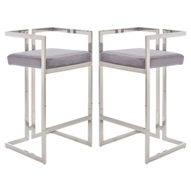 Amberley Grey Velvet Bar Stools With Silver Frame In Pair