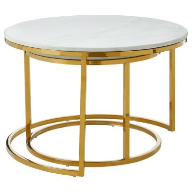 Tula Round Marble Set Of 2 Coffee Tables In White With Gold Metal Frame