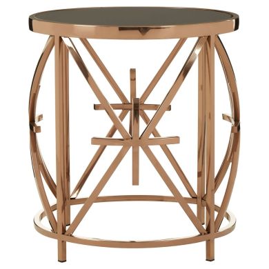 Tula Round Black Glass Side Table With Rose Gold Stainless Steel Base