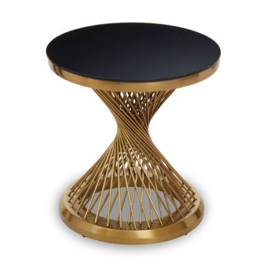Alveley Round Black Glass Top Side Table With Gold Geometric Base
