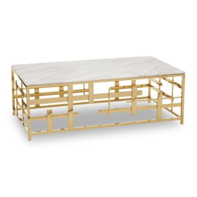 Alvescot White Marble Top Coffee Table With Gold Asymmetric Frame