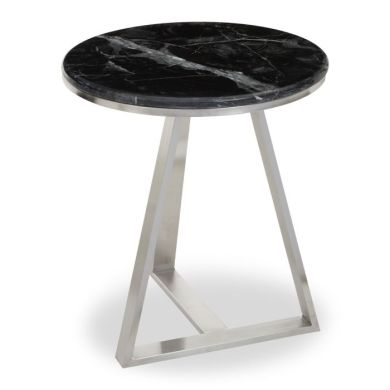 Aurora Round Marble Top Side Table In Black With Silver Frame