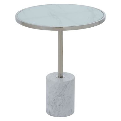 Orton Glass End Table In White Marble Effect With Silver Stainless Steel Frame