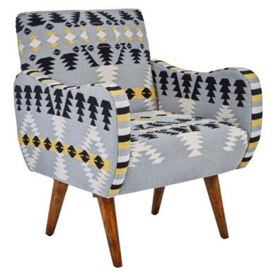 Clutton Fabric Bedroom Chair In Grey Multi-Colour With Mango Wood Legs