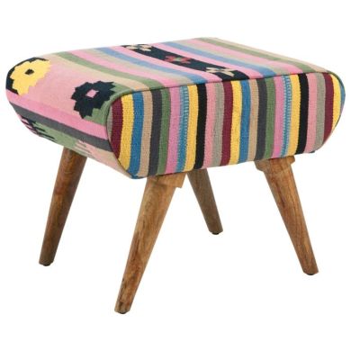 Clutton Textile Fabric Footstool In Multicolour With natural Mango Wood Legs
