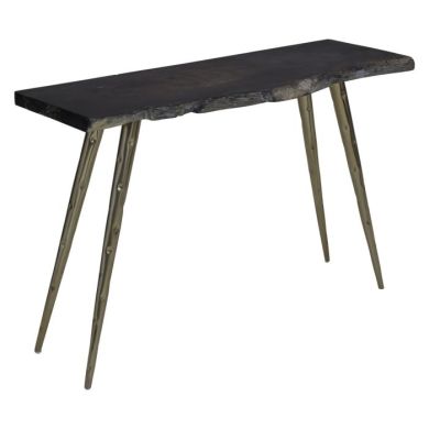 Ripley Petrified Wooden Top Console Table In Black With Brass Angular Legs