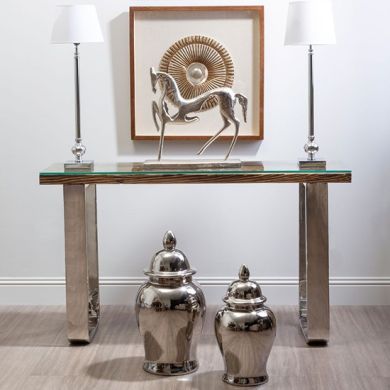 Kera Glass Console Table In Natural With U-Shaped Metal Base