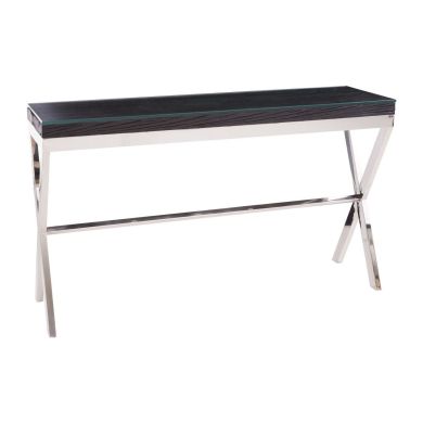 Kera Glass Console Table In Black With Cross Metal Base
