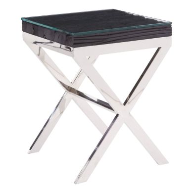 Kero Glass Side Table In Black With Cross Stainless Steel Base