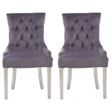 Richmond Grey Velvet Dining Chairs With Silver Stainless Steel Legs In Pair