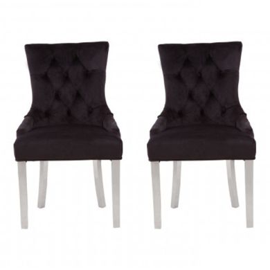 Richmond Black Velvet Dining Chairs With Silver Stainless Steel Legs In Pair