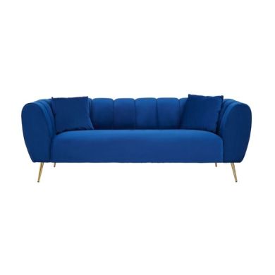 Faina Velvet 3 Seater Sofa In Midnight Blue With Gold Metal Legs