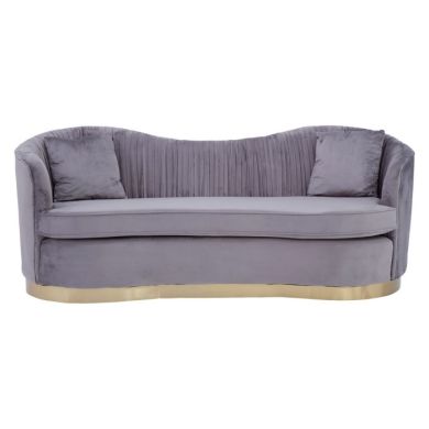 Famke Velvet 3 Seater Sofa In Pleated Grey With Gold Metal Base