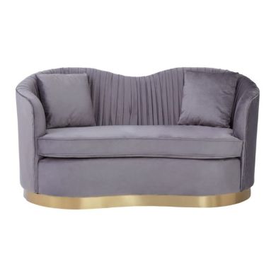 Famke Velvet 2 Seater Sofa In Pleated Grey With Gold Metal Base