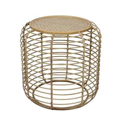 Trento Rattan Top Wooden End Table With Antique Gold Iron Frame