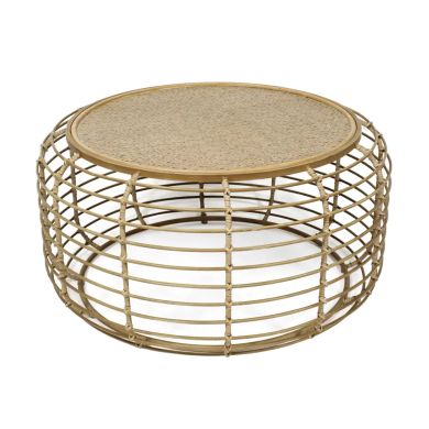 Trento Rattan Top Wooden Coffee Table With Antique Gold Iron Frame