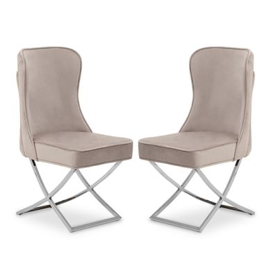 Belle Natural Velvet Dining Chairs With Chrome Metal Legs In Pair