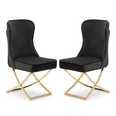 Belle Black Velvet Dining Chairs With Gold Metal Legs In Pair