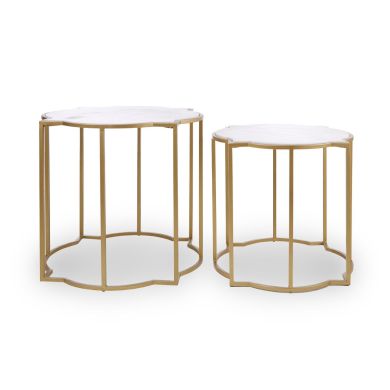 Rabia White Marble Quatrefoil TopSet Of 2 Side Tables With Brass Base
