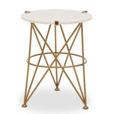 Rabia White Marble Top Side Table With Gold Angular Metal Base