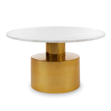 Rabia Round Marble Top Coffee Table In White With Gold Metal Base