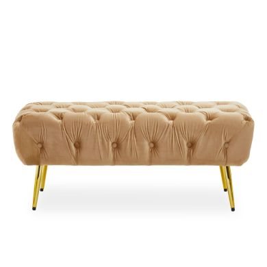 Tamra Plush Velvet Footstool In Beige With Gold Tapered Metal Legs