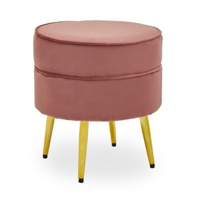 Tamra Round Velvet Footstool In Dusty Pink With Gold Angular Metal Legs
