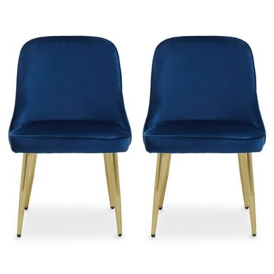 Demi Midnight Blue Velvet Dining Chairs With Gold Metal Legs In Pair