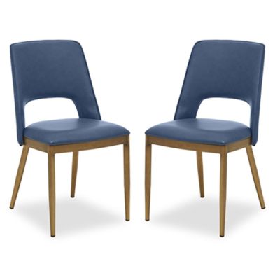 Gilden Blue Leatherette Effect Dining Chairs With Brass Metal Legs In Pair