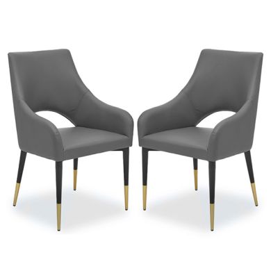 Gilden Grey Leatherette Effect Dining Chairs With Brass Metal Legs In Pair