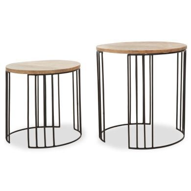 Nandri Round Wooden Set Of 2 Side Tables In Natural With Black Metal Legs