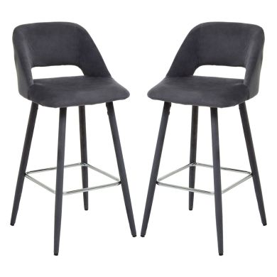 Warren Grey Velvet Bar Chairs With Silver Metal Footrest In Pair