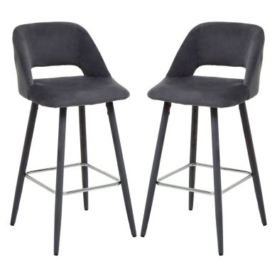 Warren Grey Velvet Bar Chairs With Silver Metal Footrest In Pair