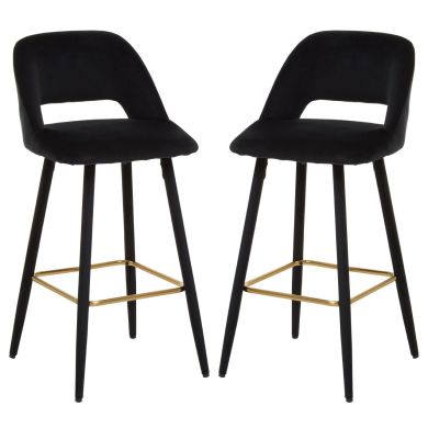 Warren Black Velvet Bar Chairs With Gold Metal Footrest In Pair
